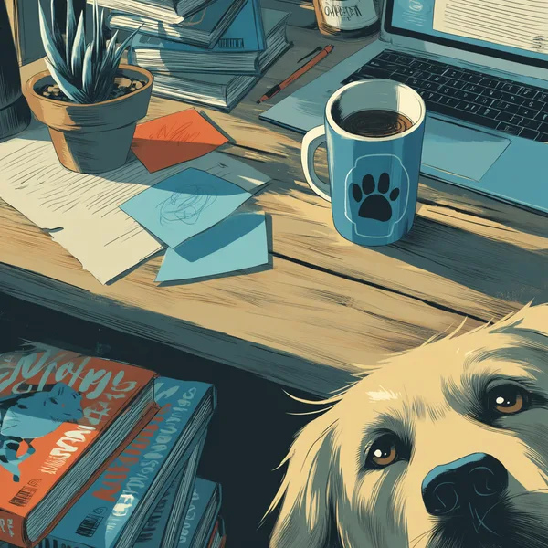 Illustrated author workspace — laptop, coffee mug, hockey romance paperbacks, a golden retriever nose nudging the coffee, and sticky notes in coral and ice blue