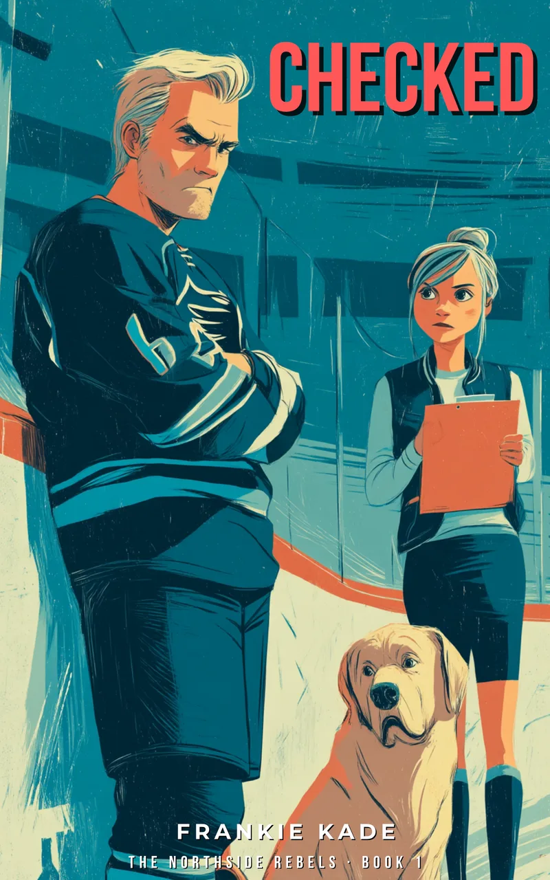Checked by Frankie Kade — illustrated hockey player leaning against rink boards with arms crossed, a woman holding a clipboard, and a golden retriever. Book 1 of The Northside Rebels.